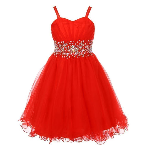 Big Girls Red Stone Encrusted Pleated Tulle Junior Bridesmaid Dress 8-16 - SophiasStyle.com